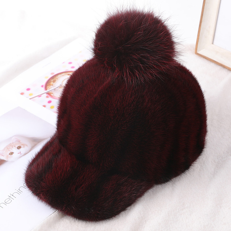 New Natural Fashion Women Mink Fur Cap Hat Customize Big Fox Fur Pom Hat Women Winter Warm Mink Fur Hat With Ball