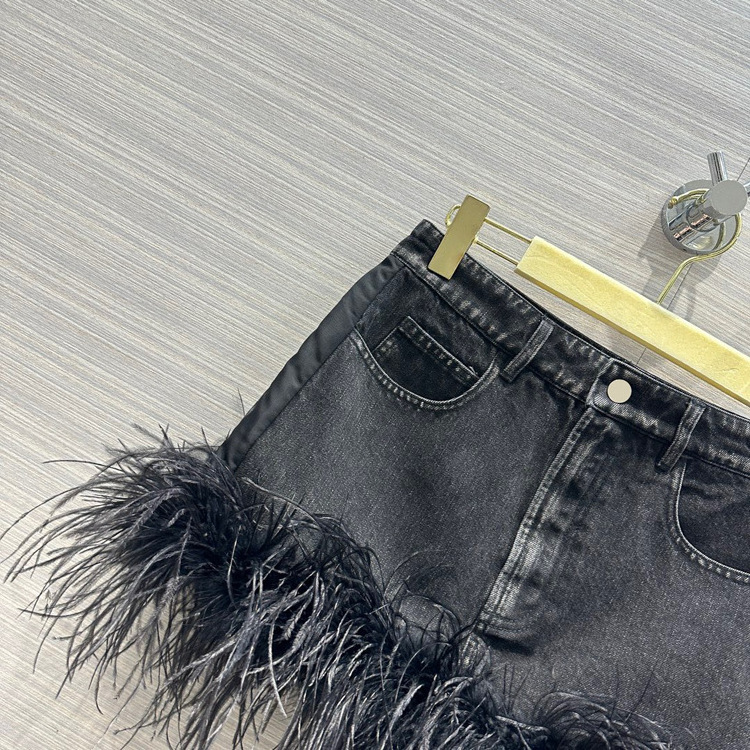 Summer High Waist Denim Dress With Ostrich Feather Trim Wholesale Sexy Fashion Denim Ostrich Feather Skirt For Women