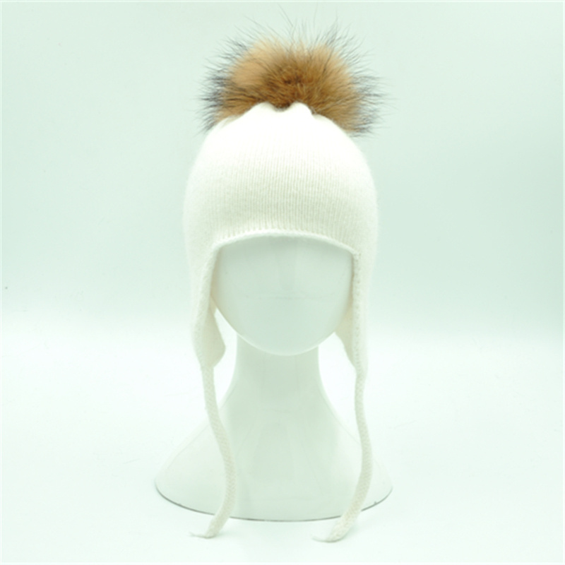 New Arrival Baby Knitted Beanie  Real Raccoon Fur Pompom Boy Girl Wool Crochet Baby Ear Flap Winter Hat