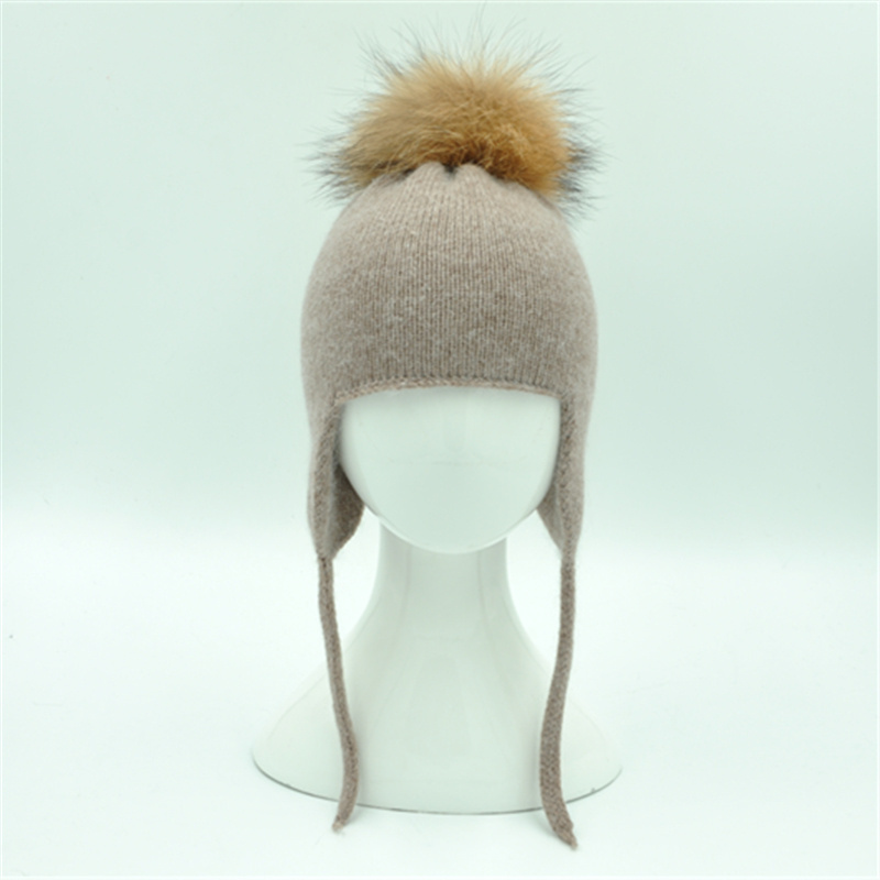 New Arrival Baby Knitted Beanie  Real Raccoon Fur Pompom Boy Girl Wool Crochet Baby Ear Flap Winter Hat