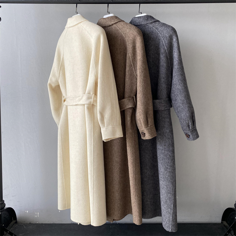 Slim Fall Cashmere Blend Trench Coat Belt Clothes Pocket Elegant Winter Long Style Adult Soft Custom Women Alpaca Wool Coat