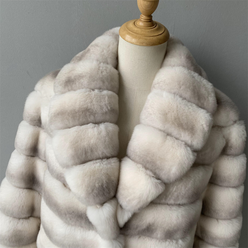 Wholesale Turn Down Collar Long Sleeves Chinchilla Rex Rabbit Fur Long Coat Thick Warm Luxury Winter Women Real Rabbit Fur Coat