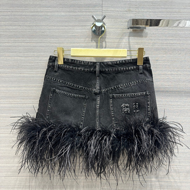 Summer High Waist Denim Dress With Ostrich Feather Trim Wholesale Sexy Fashion Denim Ostrich Feather Skirt For Women