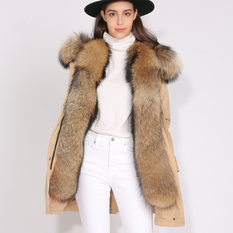 2019 Stock Custom Real Rabbit Fur Lined Parka / Wholesale Women Big Raccoon Fur Hooded Winter Fur Parka