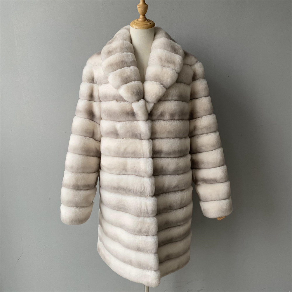 Wholesale Turn Down Collar Long Sleeves Chinchilla Rex Rabbit Fur Long Coat Thick Warm Luxury Winter Women Real Rabbit Fur Coat