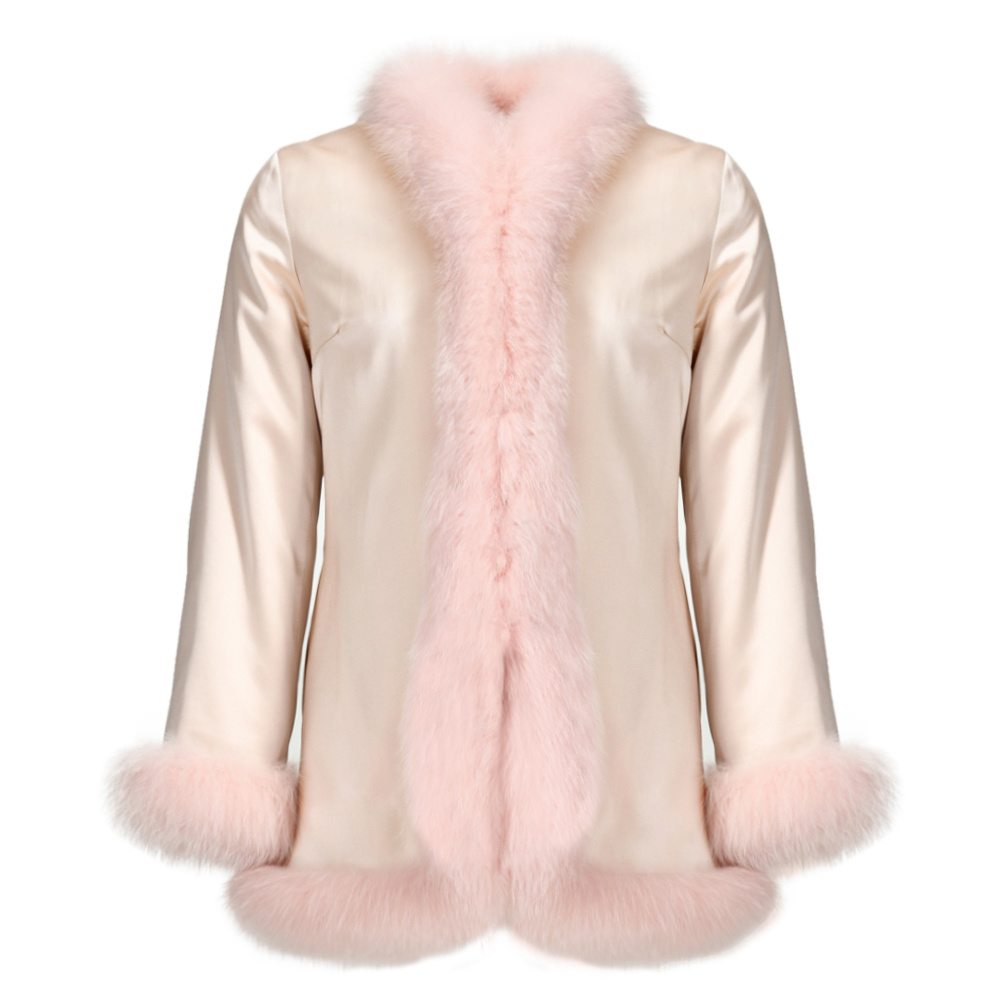 Wholesale Winter High Quality Anti-shirnk 100% Silk Fabric With Real Fox Fur Trim Fluffy Real Fur Coat For Women