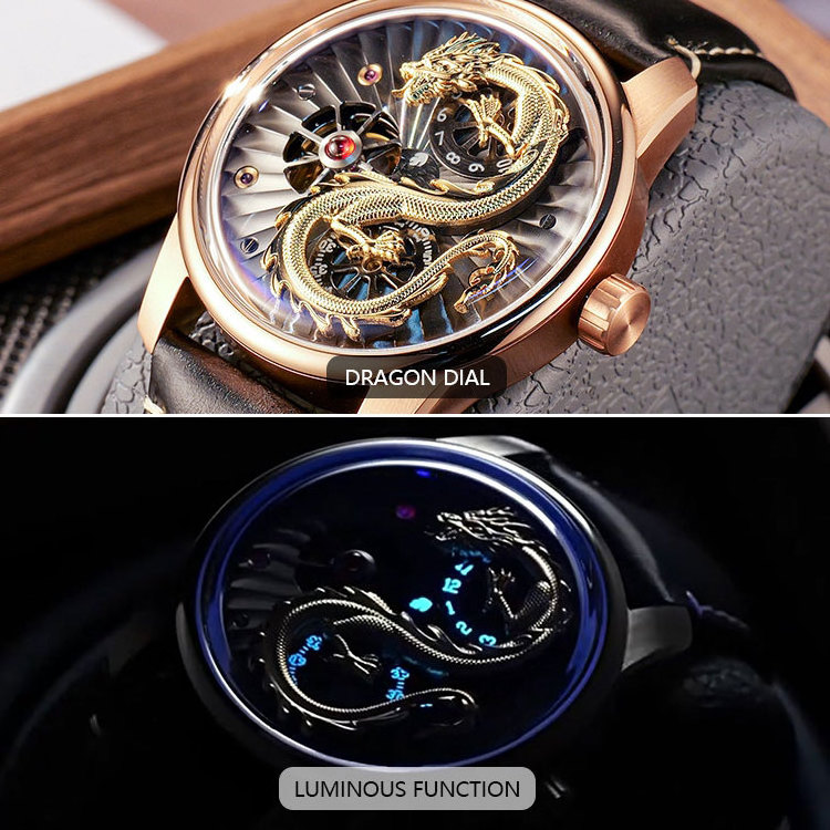 Custom Brand Gold Plated Dragon Watches 42mm With Leather Strap Black High Grade Automatic Winding Mechanical Wrist Watch