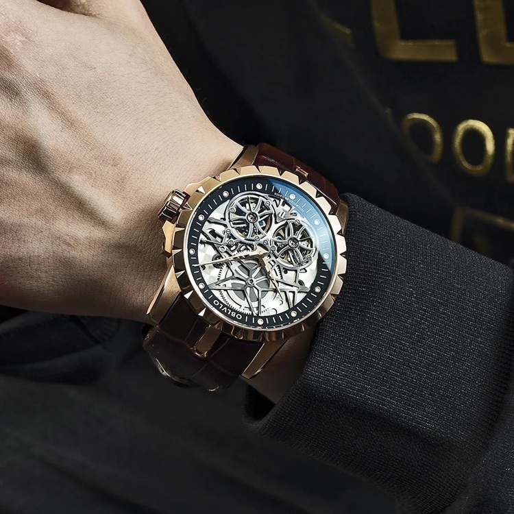 Popular Design Skeleton Dial Mechanical Watch Rose Gold Automatic Luxury Black Hollow Mechanical High-End Men Watch Big Dial