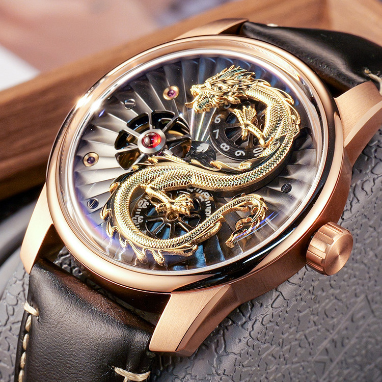 Custom Brand Gold Plated Dragon Watches 42mm With Leather Strap Black High Grade Automatic Winding Mechanical Wrist Watch