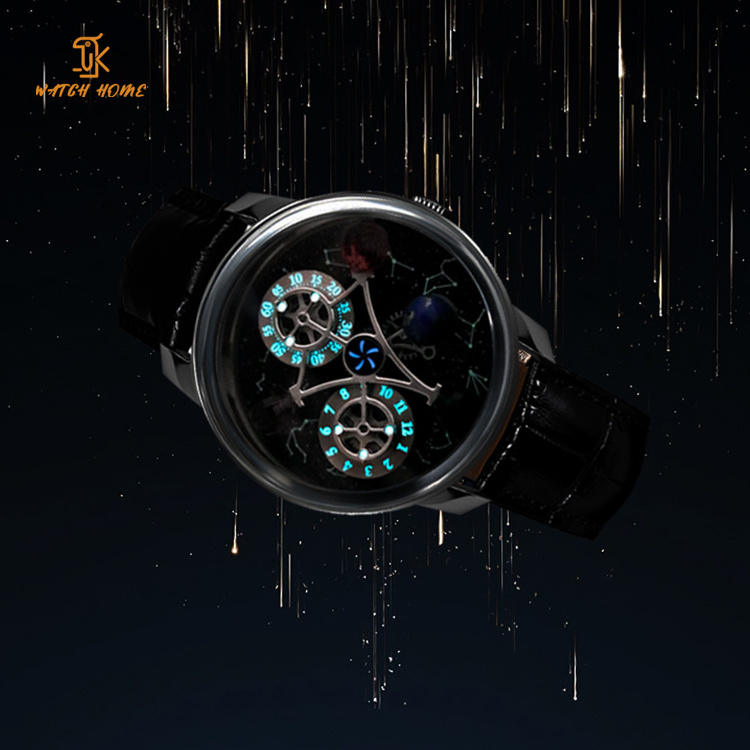 High end Galaxy Big Dial Hollow Mechanical Men Watch Unique Dome Rotating Rotating Earth Starry SKY Transparent Skeleton Watch