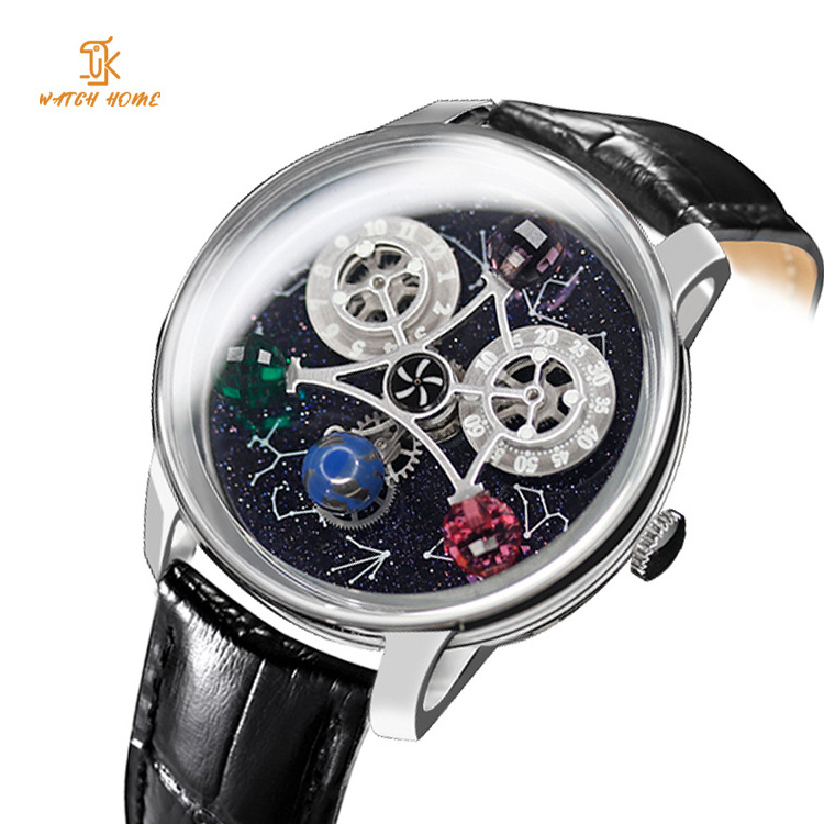 High end Galaxy Big Dial Hollow Mechanical Men Watch Unique Dome Rotating Rotating Earth Starry SKY Transparent Skeleton Watch