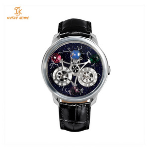 High end Galaxy Big Dial Hollow Mechanical Men Watch Unique Dome Rotating Rotating Earth Starry SKY Transparent Skeleton Watch