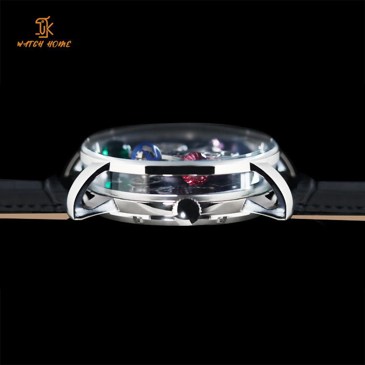 High end Galaxy Big Dial Hollow Mechanical Men Watch Unique Dome Rotating Rotating Earth Starry SKY Transparent Skeleton Watch