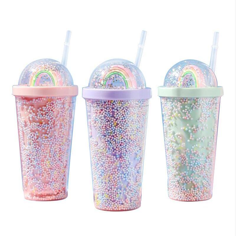 Colorful double layer cold drink cup girl's water cup creative rainbow plastic water cup with straw and lid