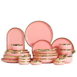 Customized Restaurant Hotel European Wholesale Fine Pink Dinner Set china Ceramic Crockery Porcelain Dinnerware Tableware Sets