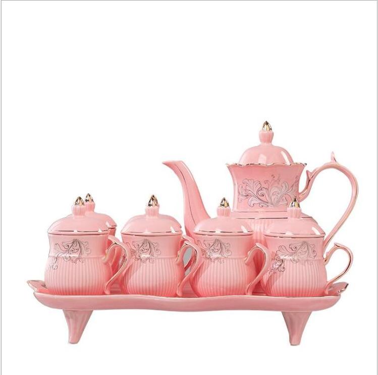 Pink Color Gold Rim Ceramic Coffee Tea Set Porcelain Afternoon Tea Pot And Tea Cup Set