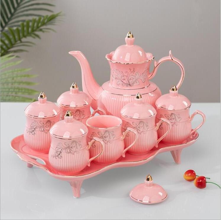 Pink Color Gold Rim Ceramic Coffee Tea Set Porcelain Afternoon Tea Pot And Tea Cup Set