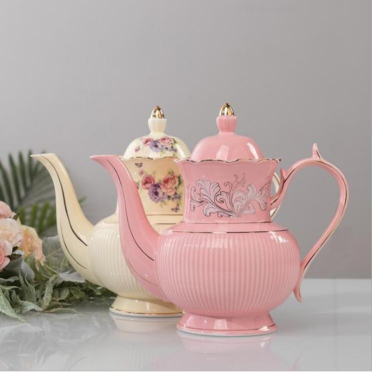 Pink Color Gold Rim Ceramic Coffee Tea Set Porcelain Afternoon Tea Pot And Tea Cup Set