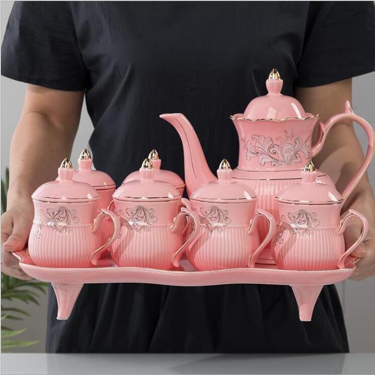 Pink Color Gold Rim Ceramic Coffee Tea Set Porcelain Afternoon Tea Pot And Tea Cup Set