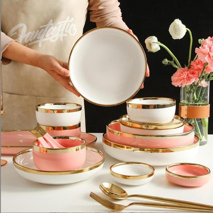 Pink Purple Color Luxury middle east ceramic tableware rice soup bowl plate porcelain dinnerware Sets