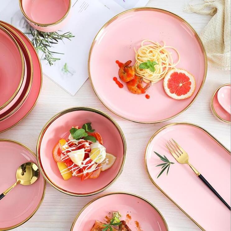 Customized Restaurant Hotel European Wholesale Fine Pink Dinner Set china Ceramic Crockery Porcelain Dinnerware Tableware Sets