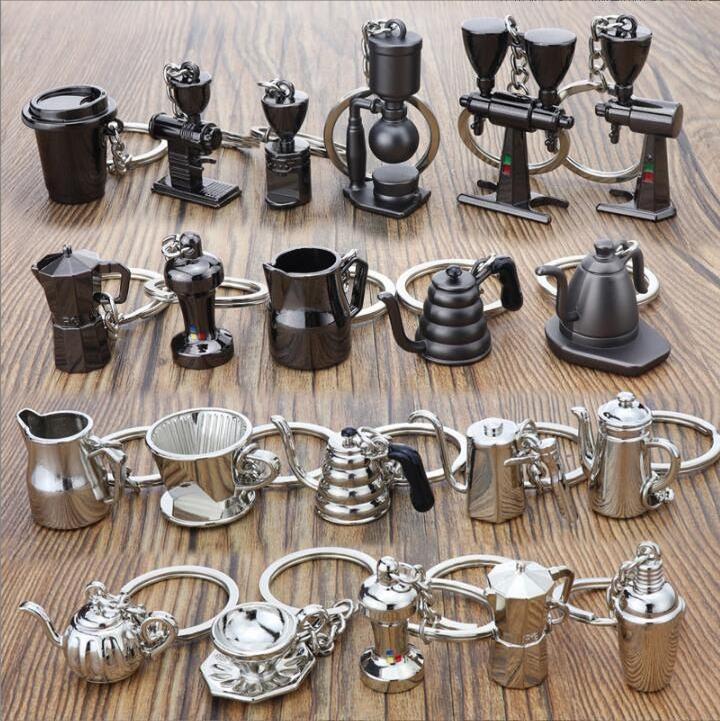 Laser Engraved logo Couple 3D coffee cup spoon KeyChain Accessories Coffee Keychain Mini Coffee Tamper Keyring Cafe Gift