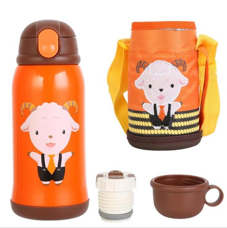 Wholesale Hot Selling Cartoon animal pattern Stainless steel baby children water bottle with straw