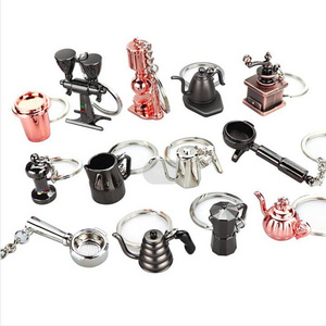 Laser Engraved logo Couple 3D coffee cup spoon KeyChain Accessories Coffee Keychain Mini Coffee Tamper Keyring Cafe Gift