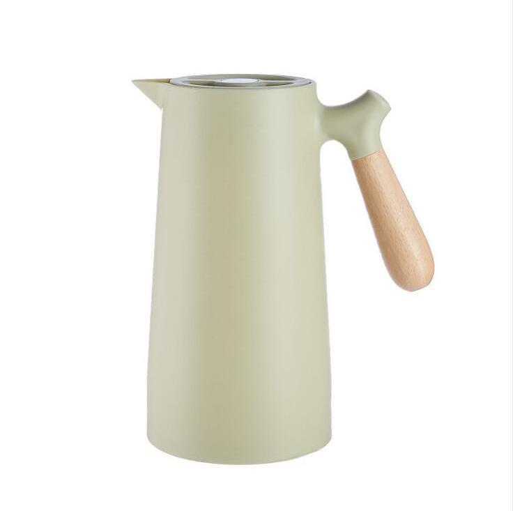 Custom 1L eco-friendly double wall vacuum carafe Coffee tea pot Glass insulated hot coffee pot With Bamboo Wooden Handle