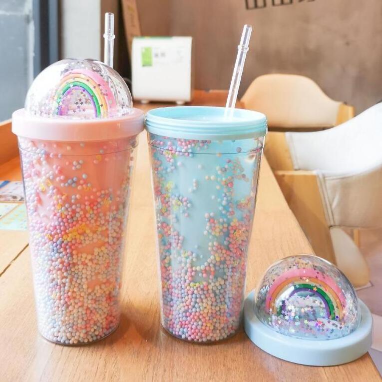 Colorful double layer cold drink cup girl's water cup creative rainbow plastic water cup with straw and lid