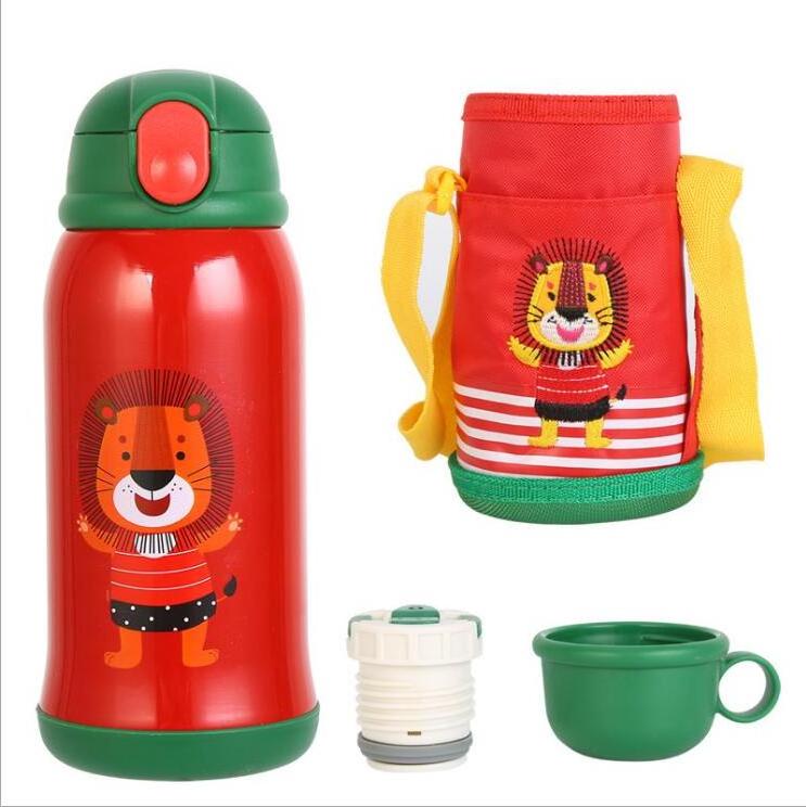 Wholesale Hot Selling Cartoon animal pattern Stainless steel baby children water bottle with straw