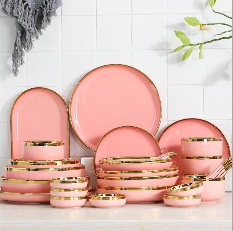 Customized Restaurant Hotel European Wholesale Fine Pink Dinner Set china Ceramic Crockery Porcelain Dinnerware Tableware Sets