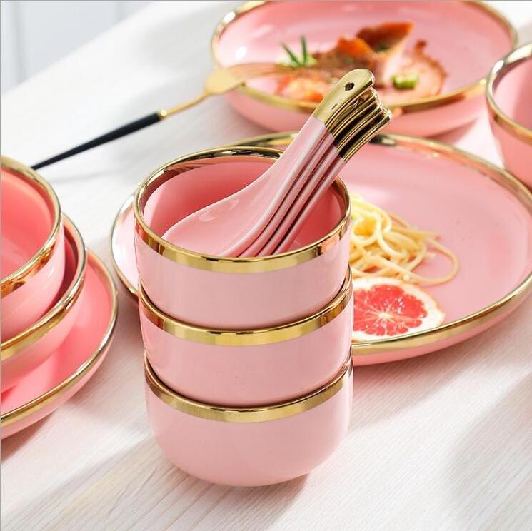 Customized Restaurant Hotel European Wholesale Fine Pink Dinner Set china Ceramic Crockery Porcelain Dinnerware Tableware Sets