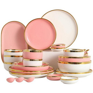 Pink Purple Color Luxury middle east ceramic tableware rice soup bowl plate porcelain dinnerware Sets