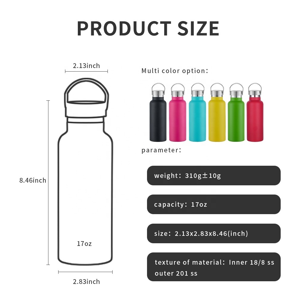 Ready to Ship 17oz Double Wall Vacuum Insulated Stainless Steel Water Bottles With Metal Lid Can Custom Multiple color In Stock