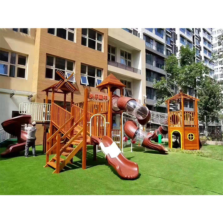 Wholesale Solid Wood Swing outdoor Wooden playground equipment with Slide for Kids