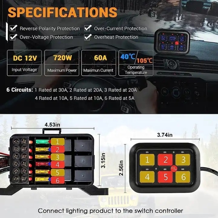 RGB 6 Gang Switch Panel Fuse Relay Control Box LED Automatic Dimmable ATV 4x4 Switch Panel 12V for Race Car Truck RV Off Road