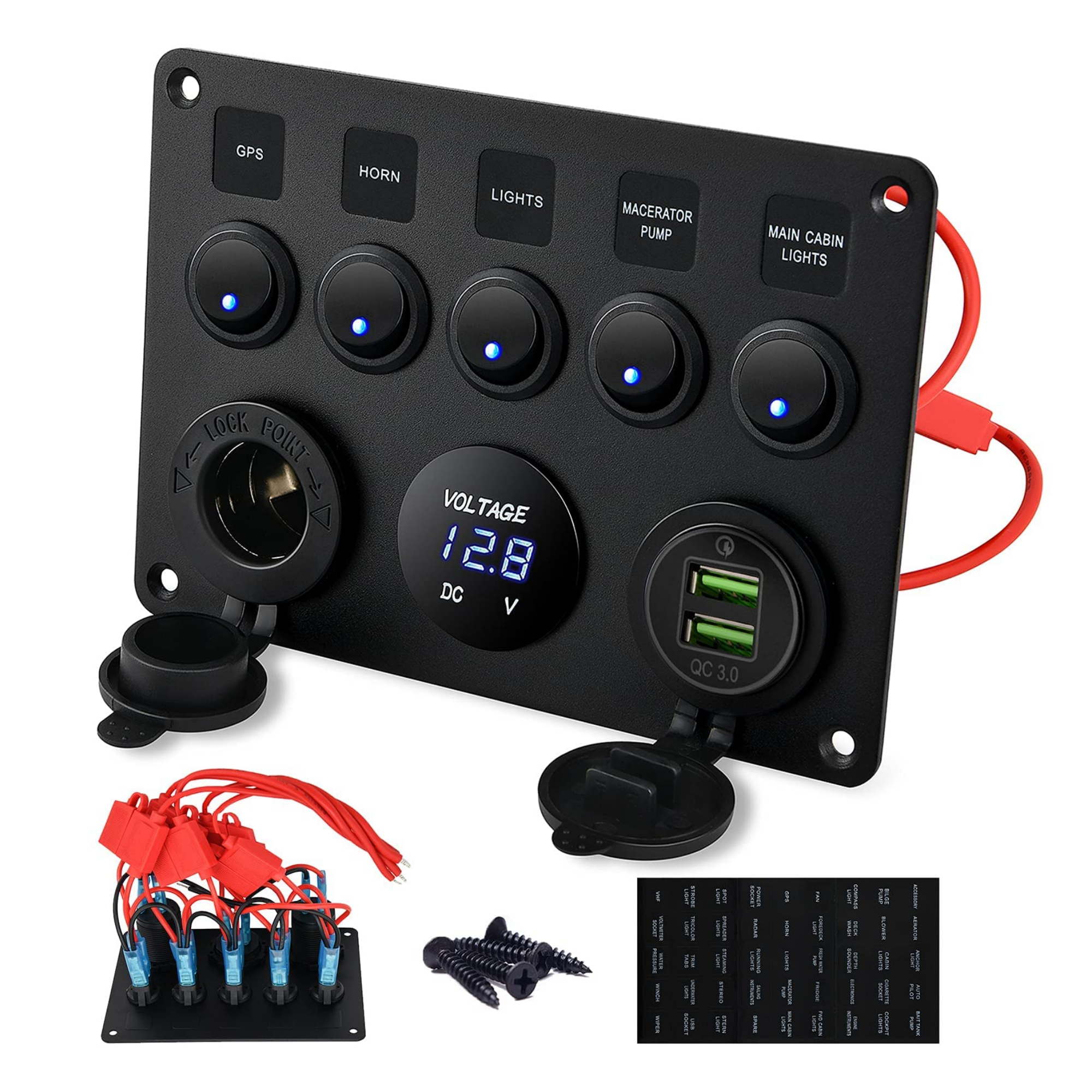 5 Gang Rocker Switch Panel Boat 12V Digital Voltmeter 2 USB Port Socket Marine Electrical Switch Panel LED for RV Car Truck