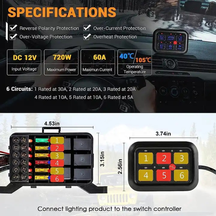 LED Switch Panel Jeep Wrangler Race Car 12V Blade Fuse Relay Box Holder Automatic Dimmable 6 Gang Off Road Light Switch Panel