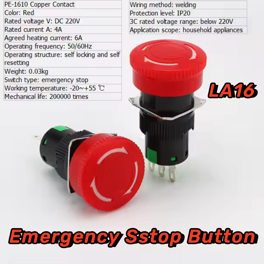 LA16 Power Emergency Stop Switch Button 16mm IP65 Rotating Release Latching Push Button Switch Self-locking 1NO 1NC Clap Switch