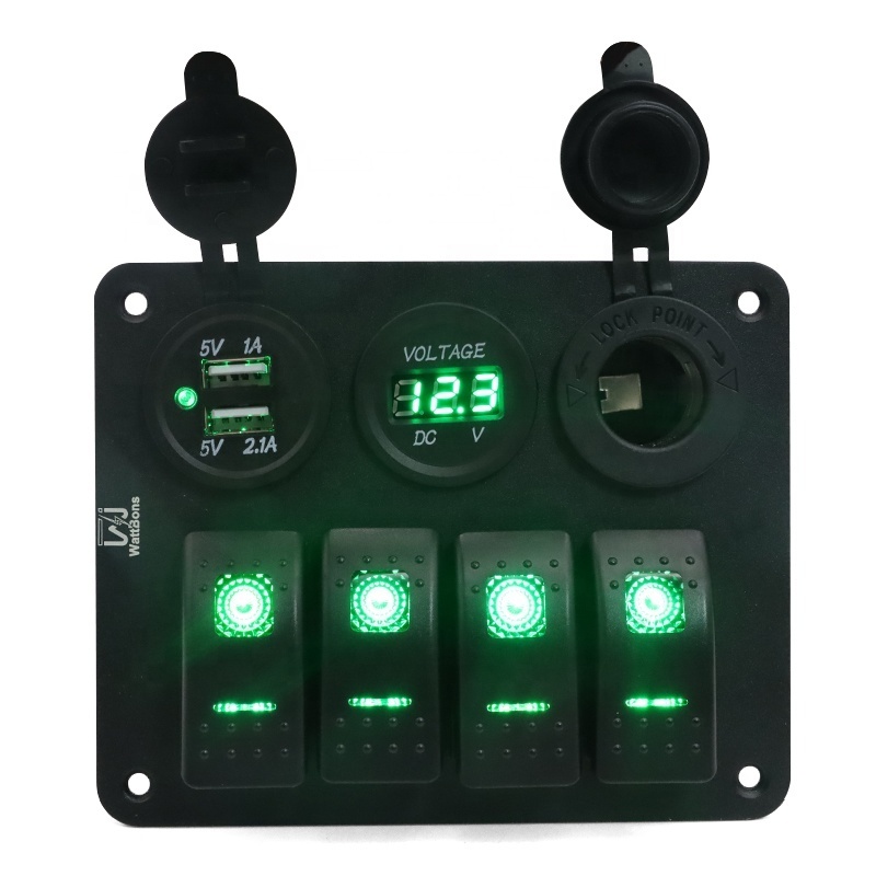 4 Gang RV Switch Panel with Dual USB Car Charger Power Socket Voltmeter 12V Rocker Toggle Switch Panel for Truck Boat Marine