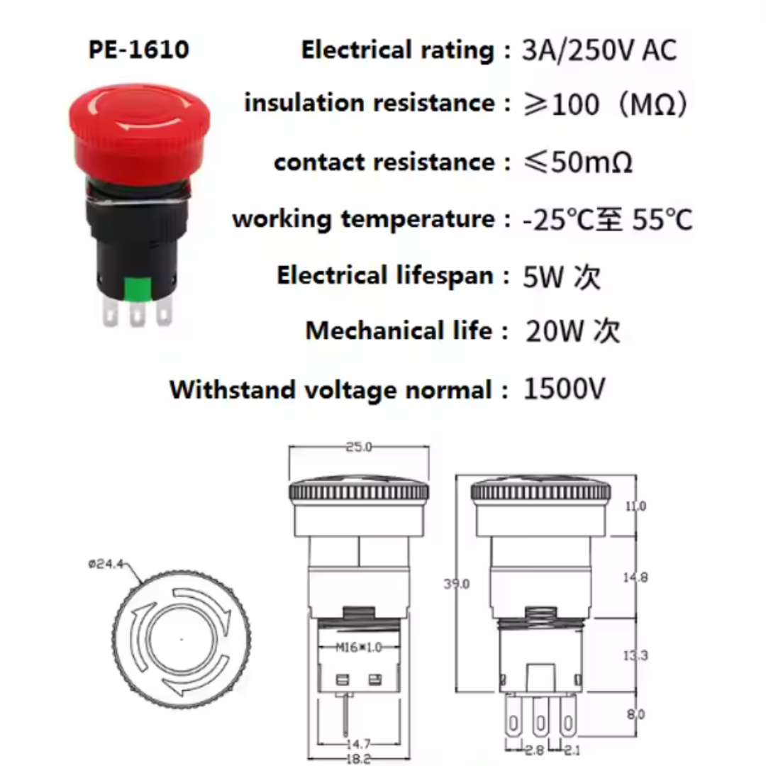 LA16 Power Emergency Stop Switch Button 16mm IP65 Rotating Release Latching Push Button Switch Self-locking 1NO 1NC Clap Switch