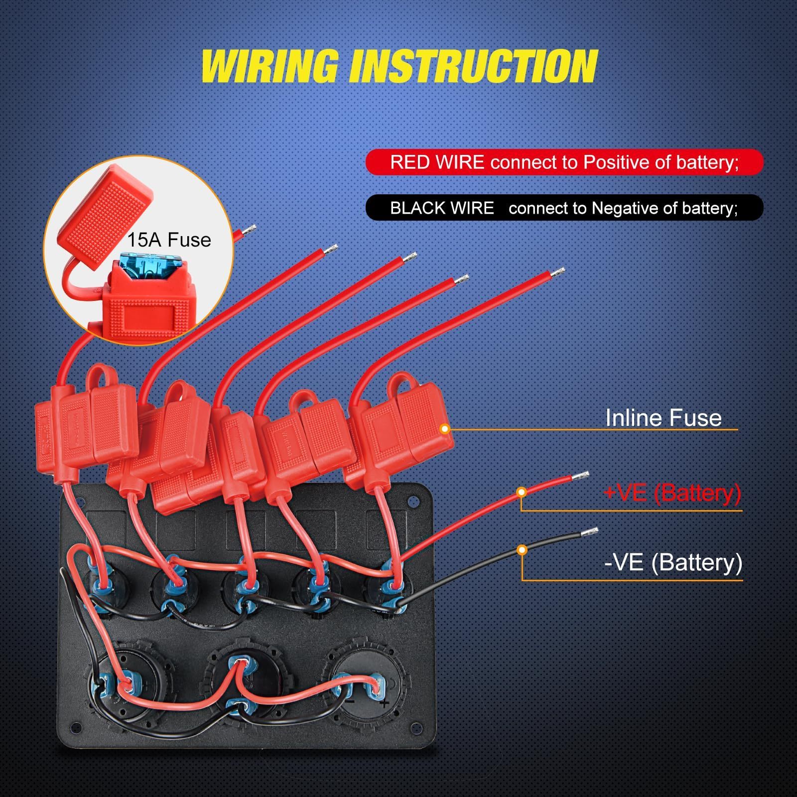 5 Gang Marine Switch Panel Waterproof 12V PD Type-C USB Charger Digital Voltmeter RV Trailer Boat Rocker Switch Panel with Fuse