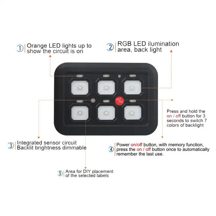 Switch Panel Jeep Wrangler JK JL Car Blade Fuse Relay Box Holder Automatic Dimmable 12V 6 Gang Off Road Light Switch Panel LED