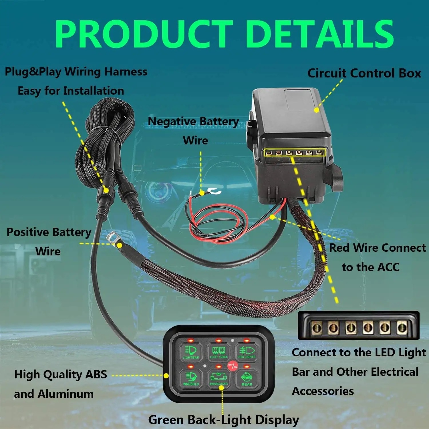 Switch Panel Jeep Wrangler JK JL Car Blade Fuse Relay Box Holder Automatic Dimmable 12V 6 Gang Off Road Light Switch Panel LED