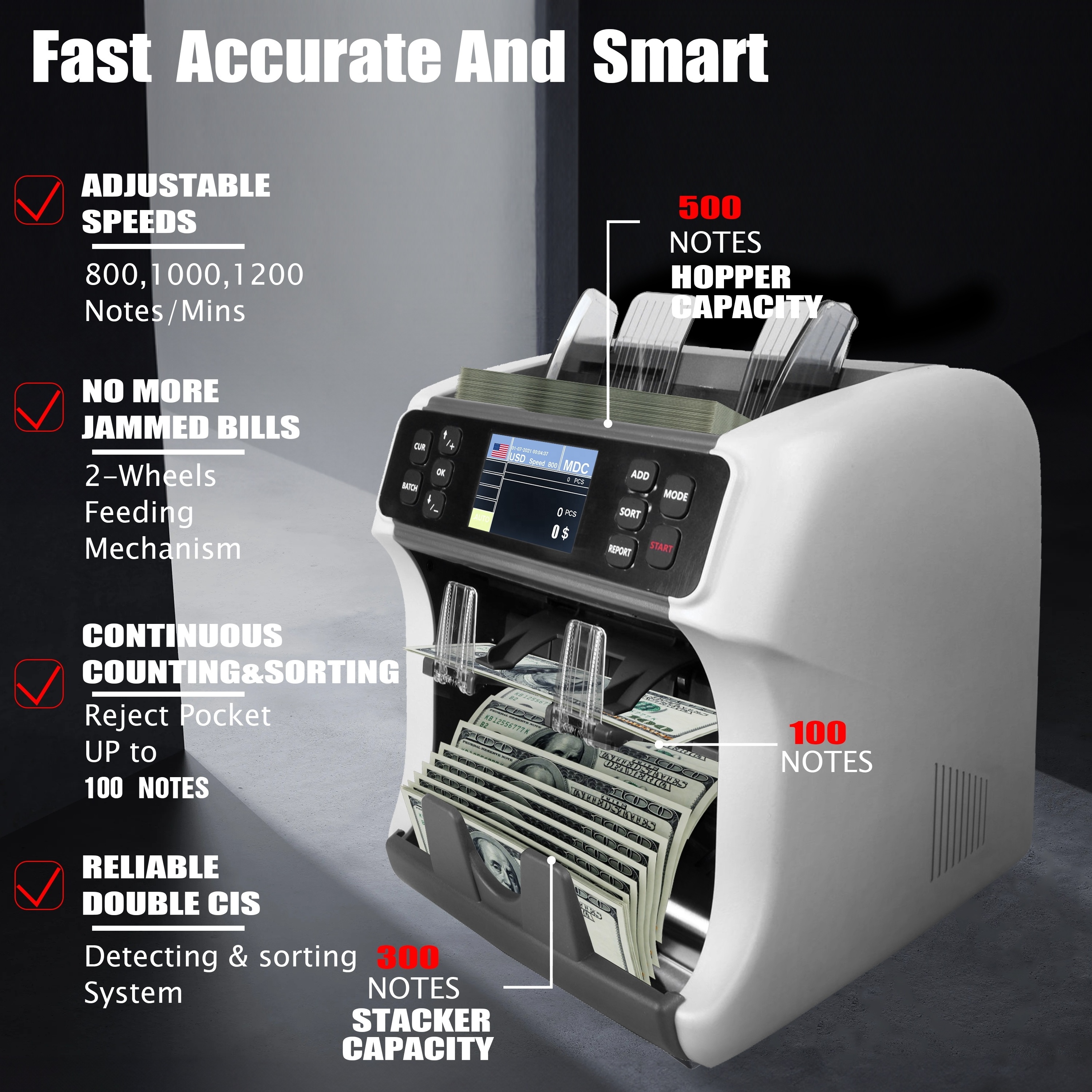 XOF,XAF,USD, CAD,COP,MXN,BRL TWO pocket CIS value cash currency counter money paper counting machine