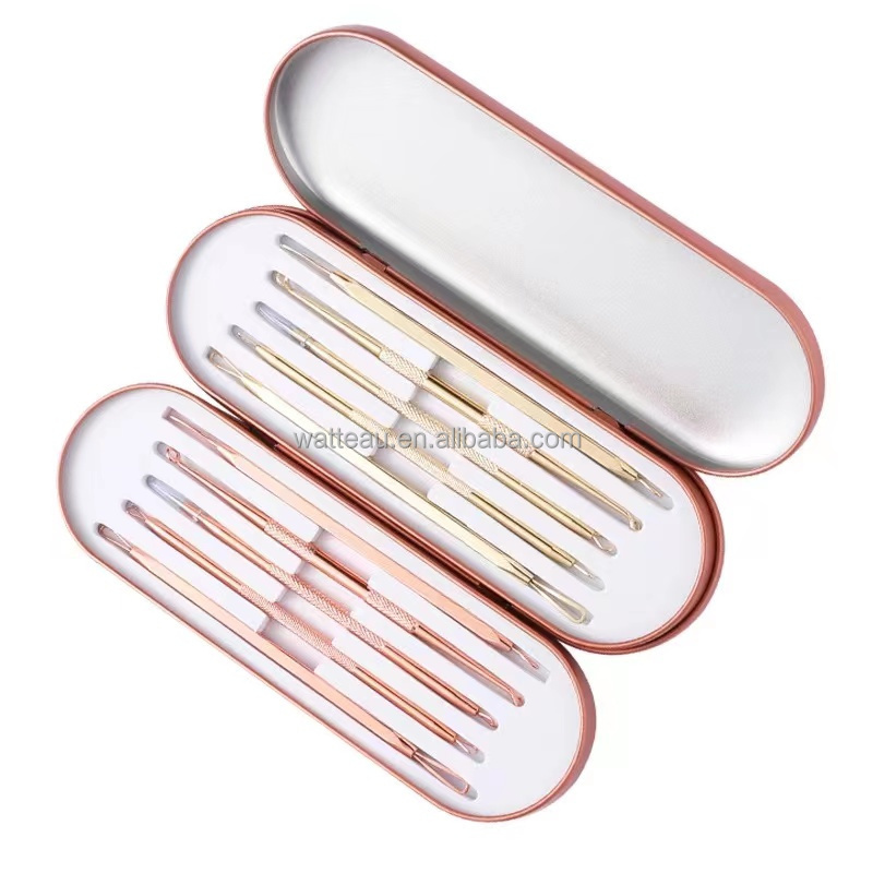 5Pcs Face Care Stainless Steel Blackhead Comedone Acne Pimple Blemish Extractor Remover Tool Kit Set in Rose Gold & Gold