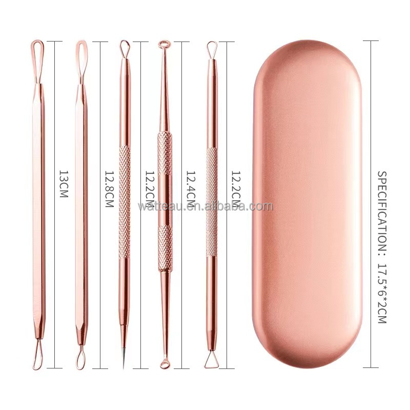 5Pcs Face Care Stainless Steel Blackhead Comedone Acne Pimple Blemish Extractor Remover Tool Kit Set in Rose Gold & Gold