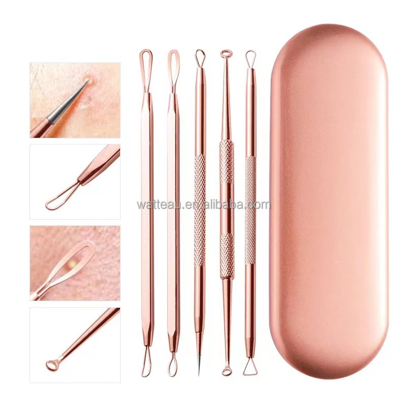 5Pcs Face Care Stainless Steel Blackhead Comedone Acne Pimple Blemish Extractor Remover Tool Kit Set in Rose Gold & Gold