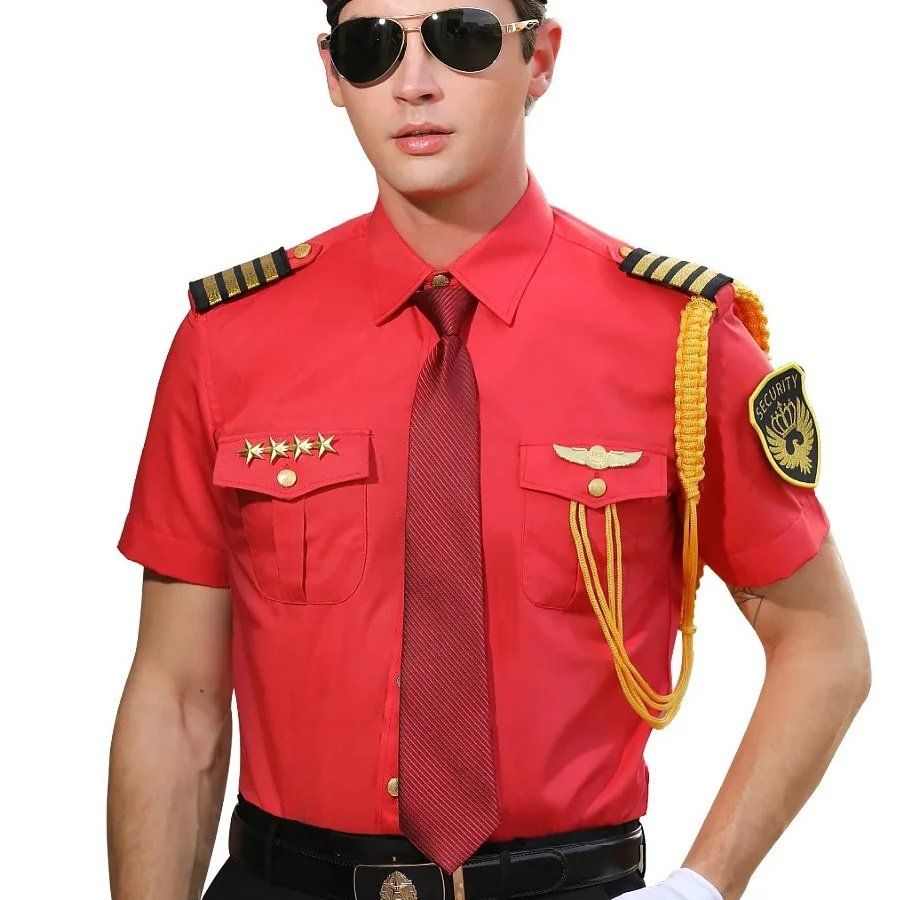 Men Manager Professional Red Shirts New Brand Airline Security Pilot Uniform Male Formal Overalls Hot Sales